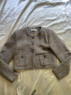 ASTR the Label Lyssa Wool Blend Cropped Tweed Blazer Blue Taupe Small Preppy